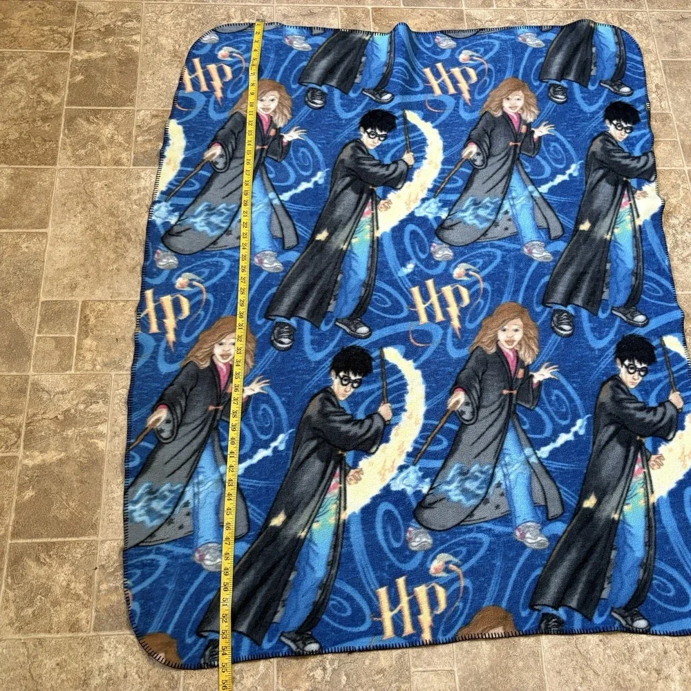 Vtg 2001 Harry Potter Fleece Blanket Throw 55x43 Blue Hermione Harry Wand Spell